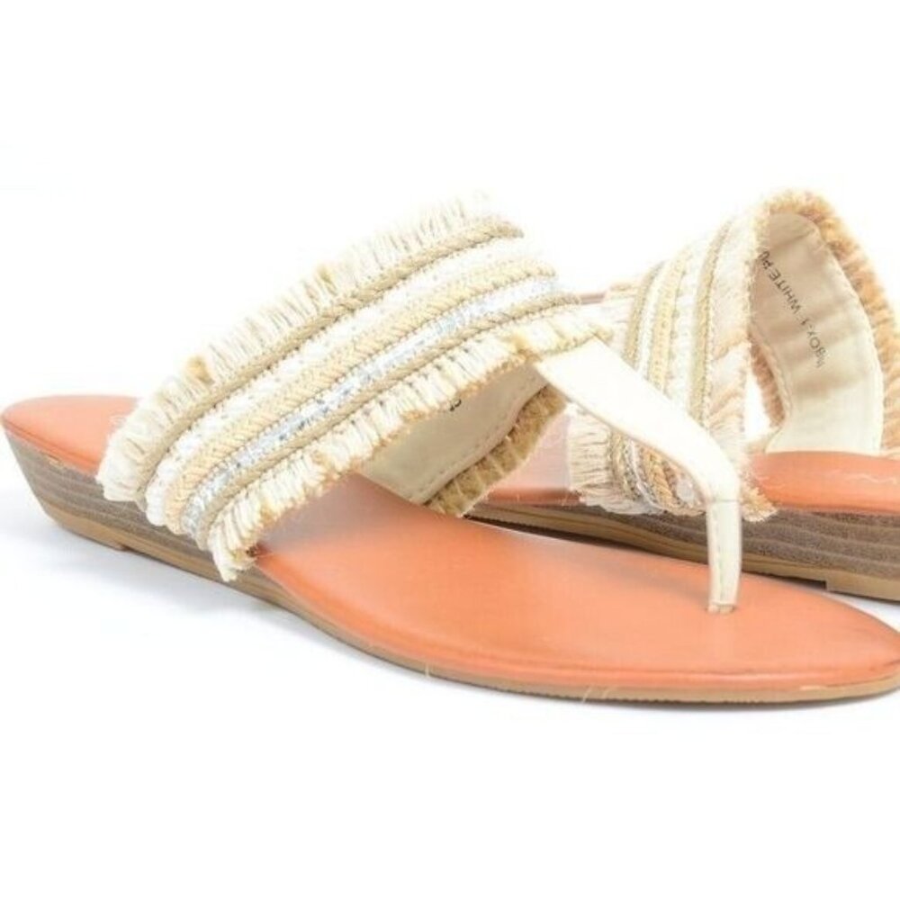 Off White Pearls Frayed Thong Wedge‎ Summer Sandals NIB